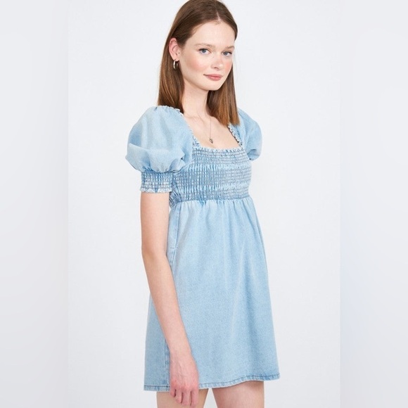 Altar’s State Denim Puff Sleeves Smocked Babydoll Mini Dress Size M - Picture 12 of 13